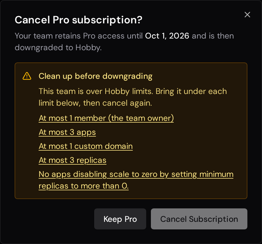 Cancellation dialog listing exceeded Hobby limits with links to resolve them and a disabled Cancel Subscription button