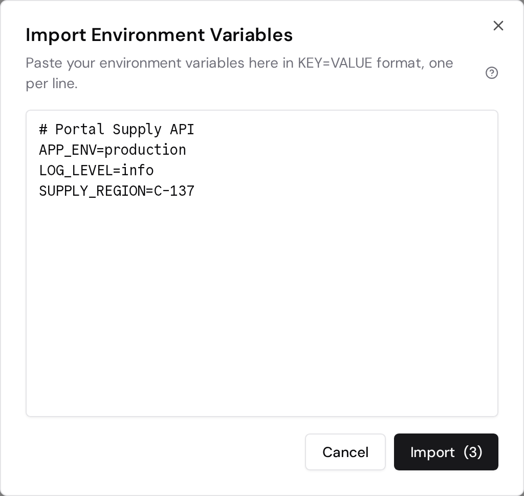 Import Environment Variables dialog with three parsed variables and an Import (3) button