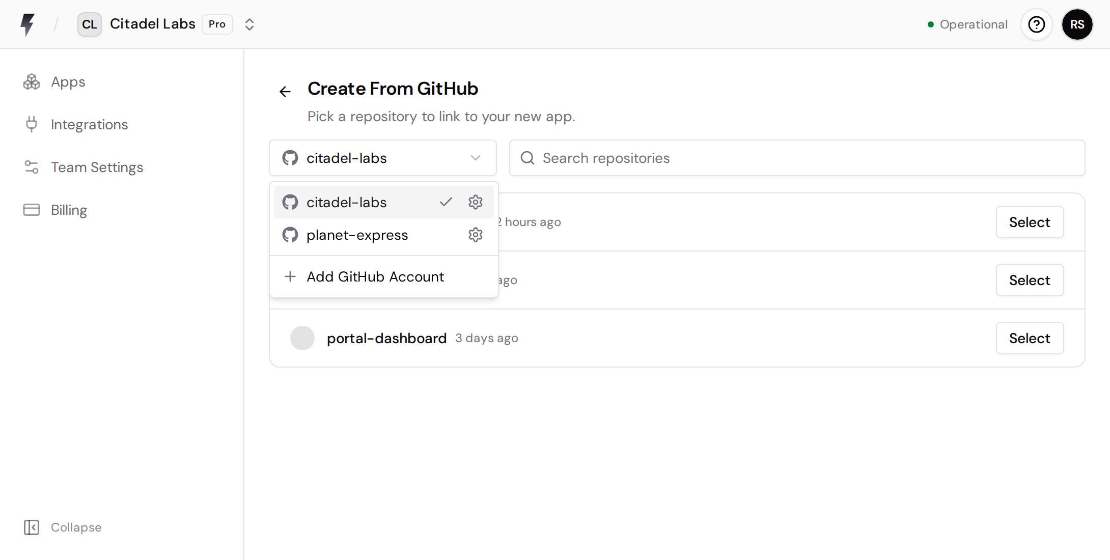 GitHub account selector with available organizations and the Add GitHub Account option.