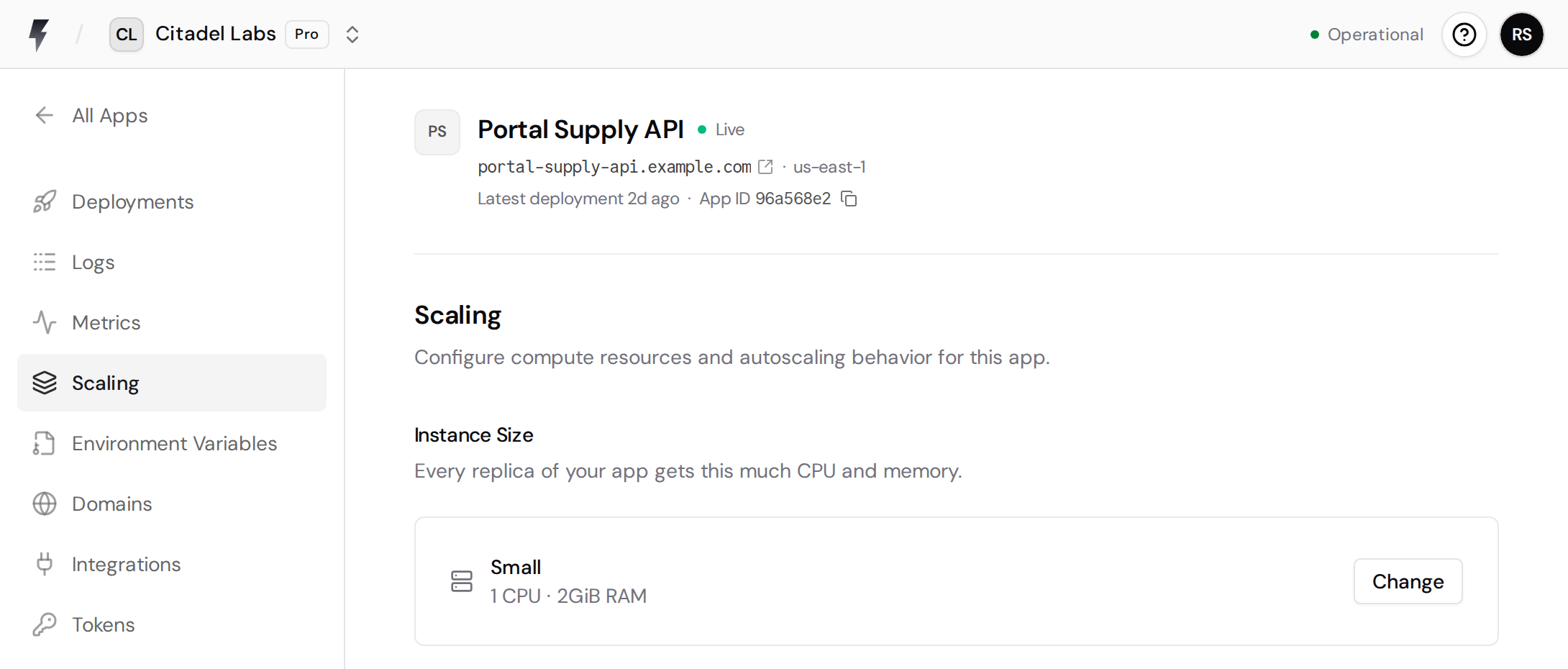 Scaling page showing the current Small instance size with 1 CPU, 2 GiB RAM, and the Change button