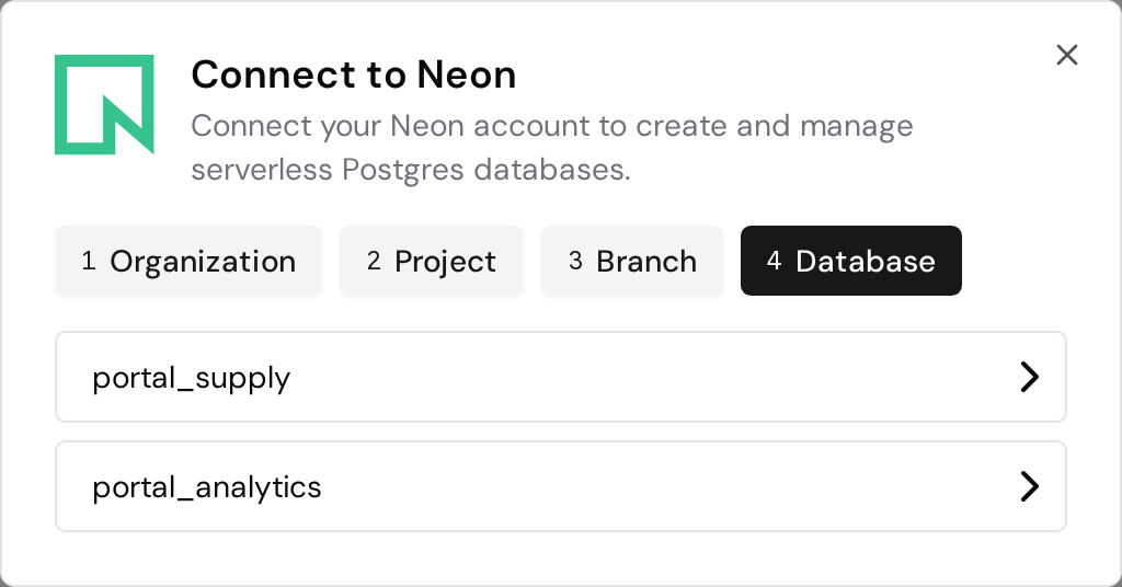 Neon database selection for the chosen branch.