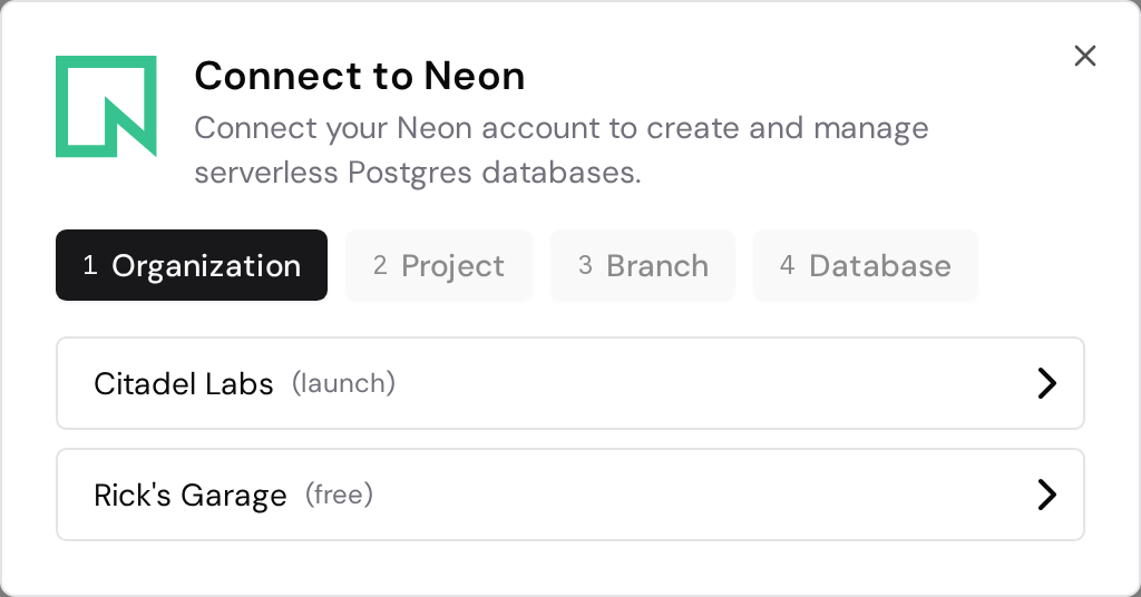 Neon organization selection with two available organizations.