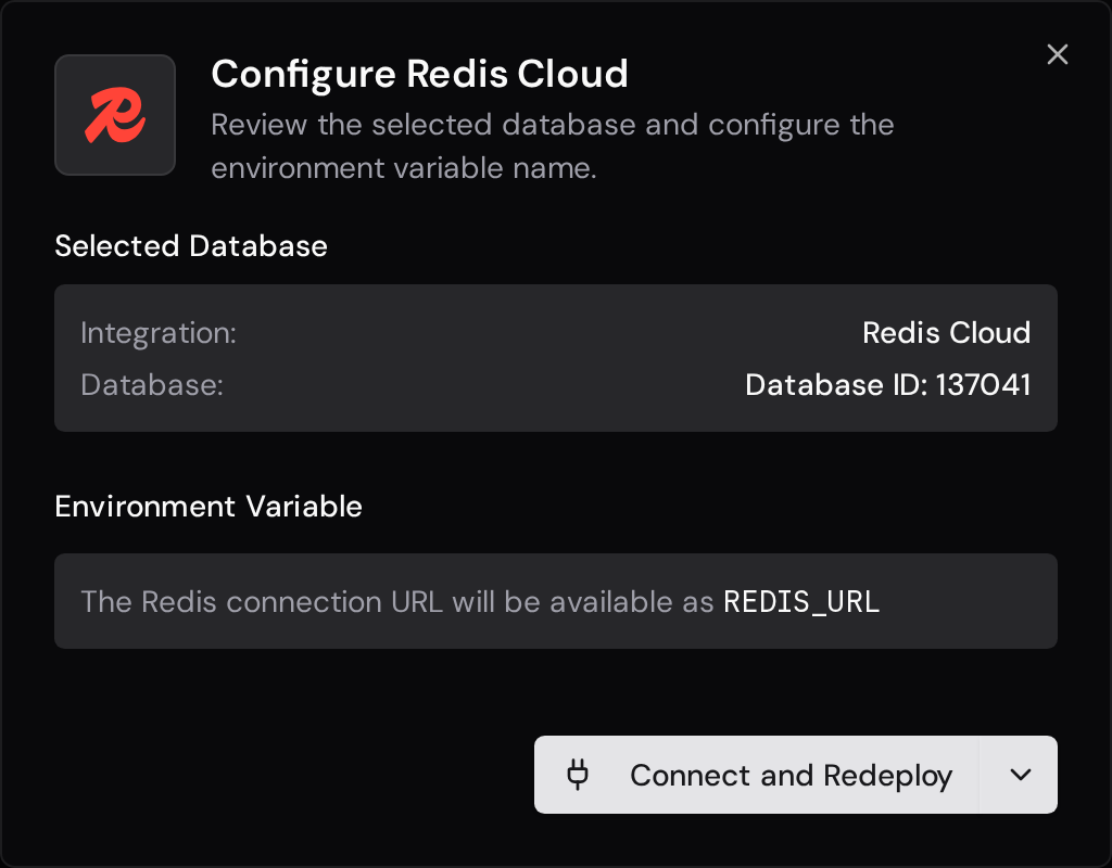 Redis Cloud confirmation dialog with the selected database, environment variable, and Connect and Redeploy button.