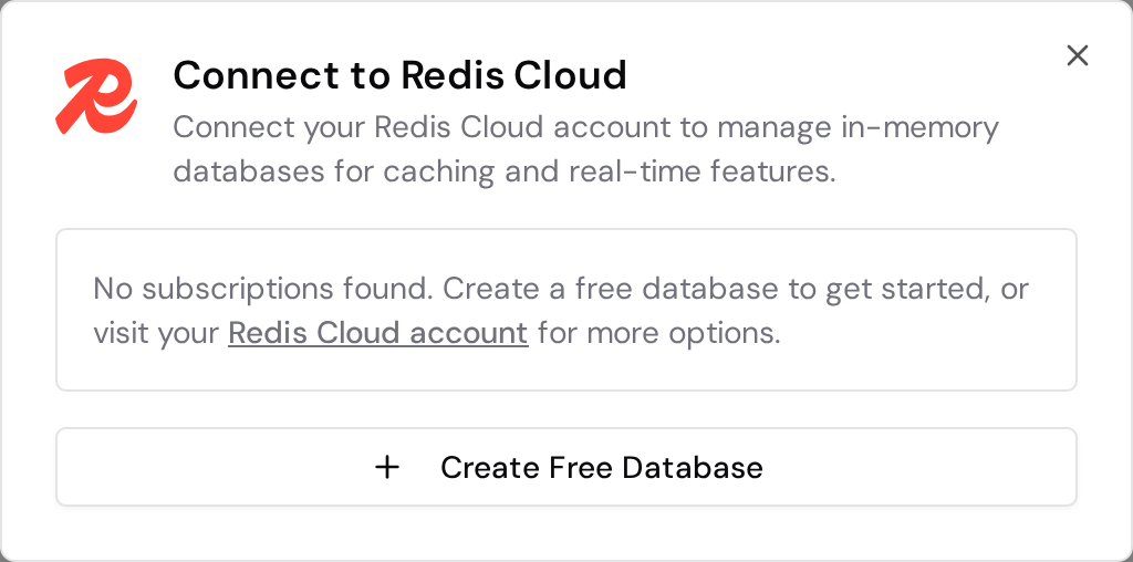 Redis Cloud dialog with no subscriptions found and the Create Free Database button.