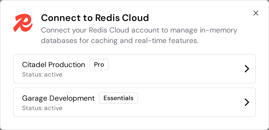 Redis Cloud subscription selection with two active subscriptions.