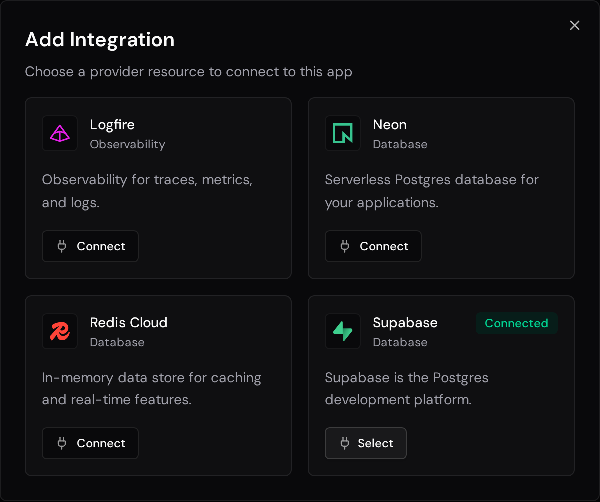 Add Integration dialog with the Supabase account connected and its Select button available.