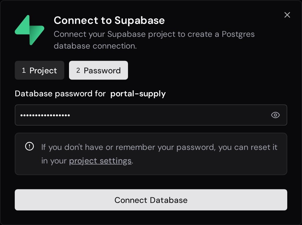 Supabase database password form with a password reset link and the Connect Database button.