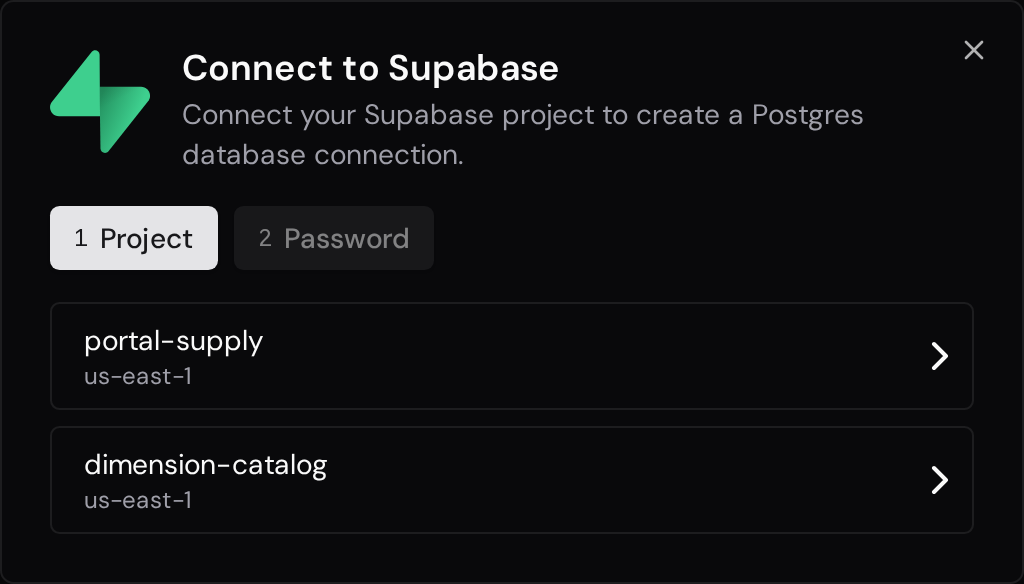Supabase project selection with the region shown for each project.