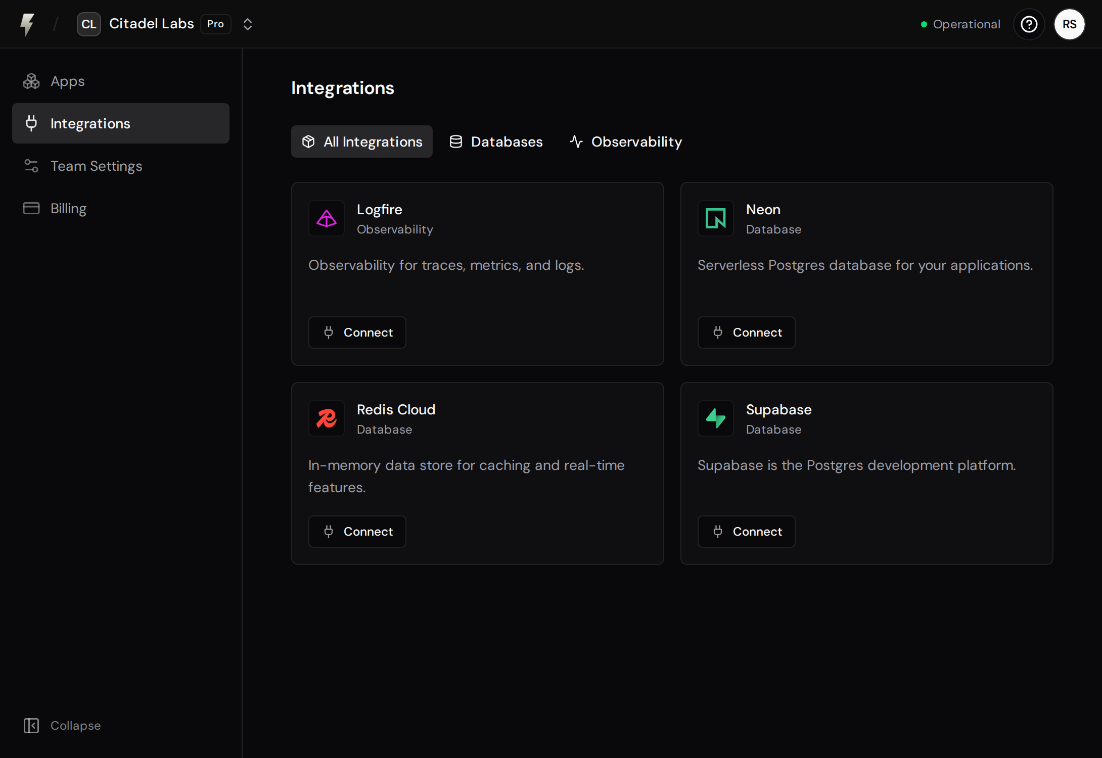 Team Integrations page with Connect buttons for Logfire, Neon, Redis Cloud, and Supabase.