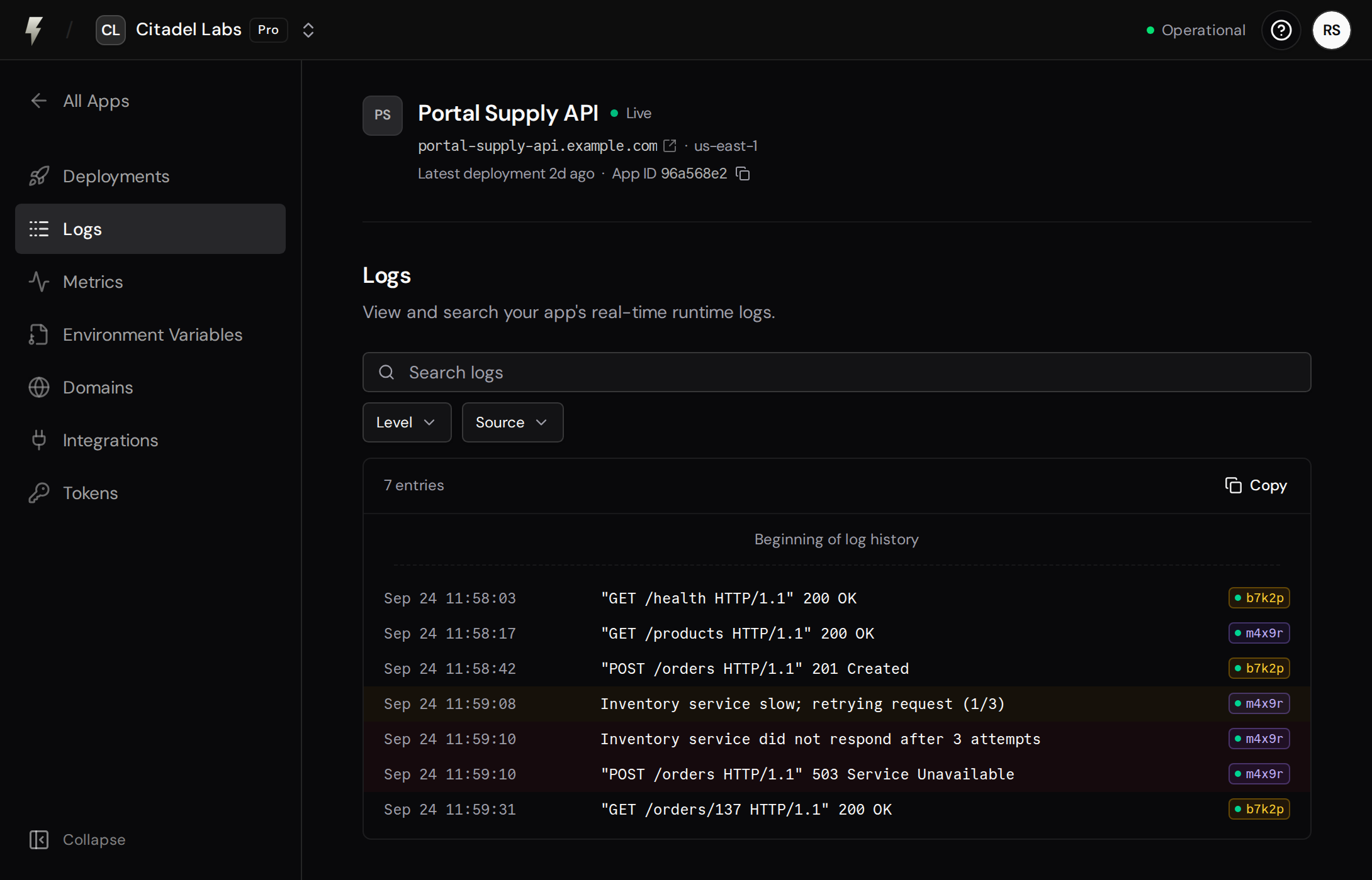 App runtime logs with search, Level and Source filters, highlighted warnings and errors, and replica badges