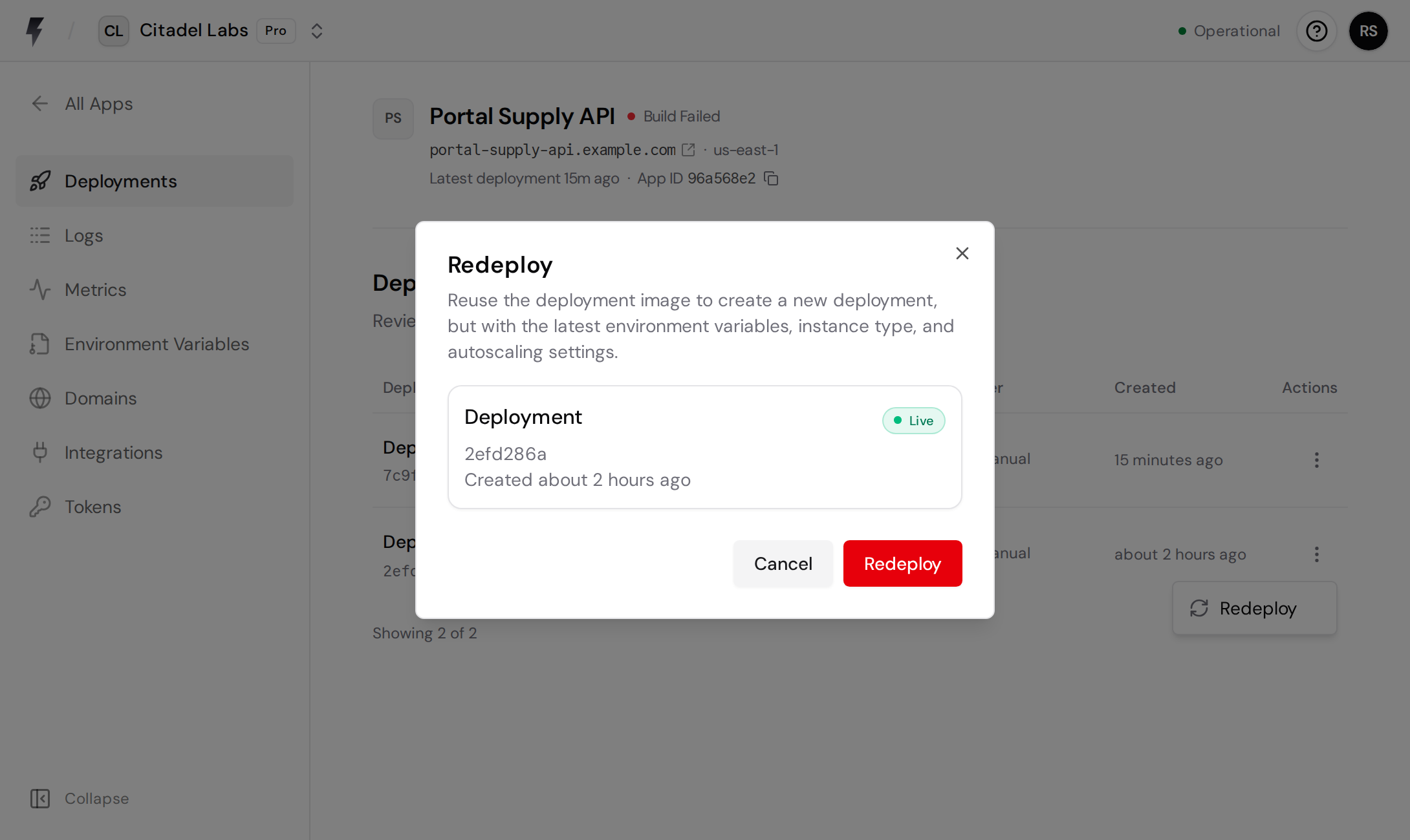Redeploy confirmation dialog showing the selected deployment and explaining that its image will be reused with the latest app configuration