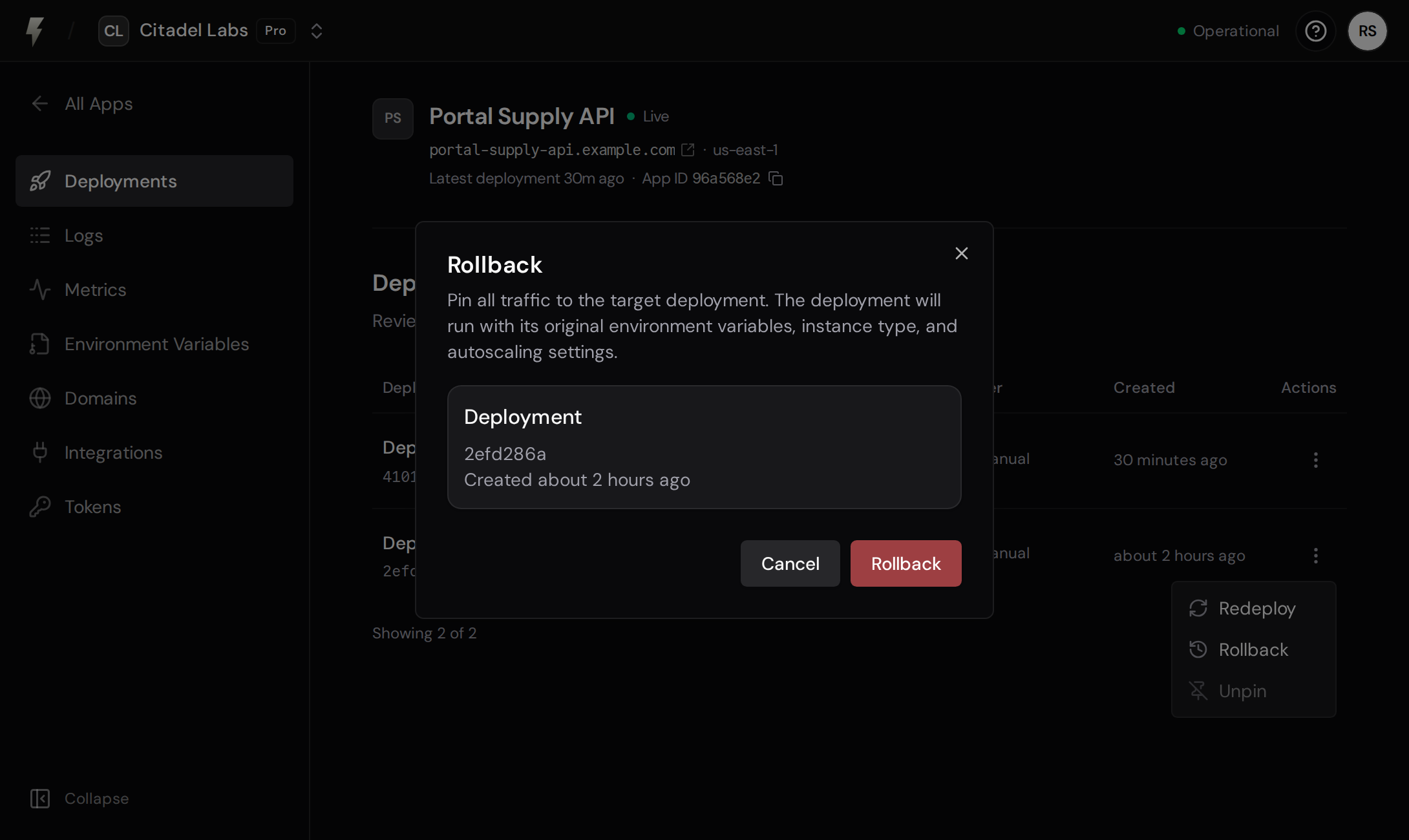 Rollback confirmation dialog showing the target deployment and explaining that its original configuration will be used