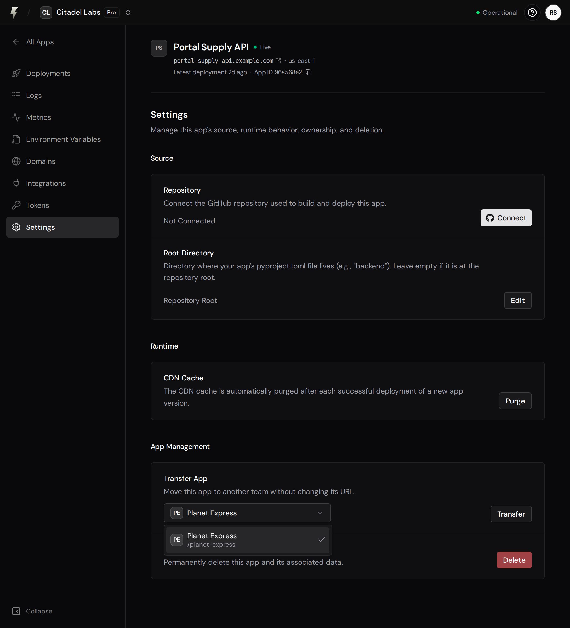 Transfer App section with a destination team selected and the Transfer button.